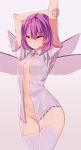  1girl arm_up breasts closed_eyes closed_mouth ddt_(darktrident) eyebrows_visible_through_hair gradient gradient_background medium_breasts open_clothes open_mouth open_shirt original pink_background pink_hair short_hair short_sleeves solo standing thighhighs white_legwear wings 
