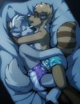  2019 anthro bed bedroom_eyes blankieplush bodily_fluids canid canine canis cuddling diaper domestic_dog duo embrace eyes_closed genital_fluids grinding half-closed_eyes hand_on_butt hand_on_diaper hi_res hug husky lying male male/male mammal nordic_sled_dog procyonid raccoon seductive spitz urine wet_diaper wetting 