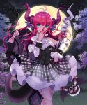  1girl absurdres antenna_hair artist_request bat bat_wings blue_eyes breasts coffin commentary_request curled_horns dragon_girl dragon_horns dragon_tail elizabeth_bathory_(fate) elizabeth_bathory_(fate)_(all) fate/extella fate/extra fate/extra_ccc fate/grand_order fate_(series) full_moon hand_on_own_chin highres holding holding_spear holding_weapon horns idol long_hair moon night night_sky pink_hair plaid plaid_skirt polearm skirt sky slit_pupils small_breasts solo sparkle spear star_(sky) tail tree weapon wings 