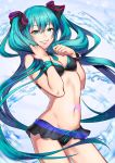  1girl aqua_eyes aqua_hair bangle bangs bare_arms belly bikini black_bikini bracelet breasts cleavage commentary cowboy_shot eyebrows_visible_through_hair floating_hair grin hair_between_eyes hair_ribbon hatsune_miku highres holding holding_hair jewelry lips long_hair looking_at_viewer medium_breasts midriff navel necktie open_mouth ribbon shiny shiny_hair smile solo standing stomach sumino_akasuke swimsuit teeth twintails vocaloid water 