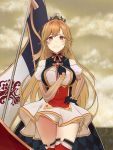  1girl absurdres azur_lane bangs bare_shoulders black_gloves blonde_hair blush breasts closed_mouth cloud cloudy_sky crown flag gloves hair_ornament highres large_breasts long_hair qiye_luoying red_eyes red_legwear richelieu_(azur_lane) skirt sky solo thighhighs thighs white_skirt 