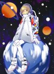  1girl absurdres backpack bag bangs blunt_bangs brown_eyes cloud covered_mouth full_body gloves headgear highres jacket looking_at_viewer original pantyhose planet saturn shoes short_hair sitting sitting_on_object solo space spacesuit star_(sky) sumino_akasuke visor white_footwear white_gloves white_legwear 