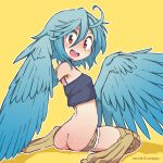  1girl 2019 armpits artist_name ass bare_shoulders blue_hair blush butt_crack claws crop_top dated denim denim_shorts hair_between_eyes harpy highres looking_at_viewer looking_back monster_girl monster_musume_no_iru_nichijou no_panties open_mouth orange_peel_(artist) papi_(monster_musume) petite shiny shiny_skin short_shorts shorts simple_background sitting solo tank_top upper_teeth wariza 