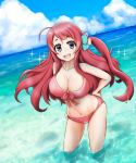  1girl :d ahoge beach bikini blue_eyes blue_sky bow breasts cleavage cloud day hair_bow hand_on_hip large_breasts long_hair looking_at_viewer minamoto_sakura navel ocean open_mouth partially_visible_vulva polka_dot polka_dot_bow red_bikini red_hair sky smile solo sparkle standing swimsuit teina water wet zombie_land_saga 