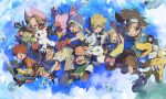  3girls 5boys blonde_hair blue_eyes blue_hair brown_eyes brown_hair closed_mouth commentary_request daiki_(daikingairkgk) digimon digimon_adventure digivice glasses gloves goggles goggles_on_head gomamon hat ishida_yamato izumi_koushirou kido_jou long_hair looking_at_viewer multiple_boys multiple_girls open_mouth palmon piyomon shirt short_hair smile tachikawa_mimi tailmon takaishi_takeru takenouchi_sora tentomon yagami_hikari yagami_taichi 