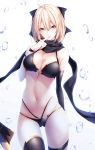  1girl ahoge bangs bare_shoulders bikini black_bikini black_bow black_gloves black_legwear black_scarf blonde_hair bow breasts elbow_gloves eyebrows_visible_through_hair fate/grand_order fate_(series) gloves hair_between_eyes hair_bow highres looking_at_viewer medium_breasts navel okita_souji_(fate) okita_souji_(fate)_(all) okita_souji_(swimsuit_assassin)_(fate) scarf short_hair single_elbow_glove single_glove single_thighhigh smile solo standing stomach swimsuit thigh_strap thighhighs yellow_eyes yoaferia 