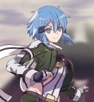  1girl blue_eyes blue_hair breasts commentary_request eyebrows_visible_through_hair fingerless_gloves gloves green_jacket hair_between_eyes hair_ornament hairclip jacket long_sleeves looking_at_viewer medium_breasts on_kazu revealing_clothes scarf short_hair shorts sinon smile solo sword_art_online white_jacket 