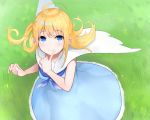  blonde_hair blue_eyes blush cropped dress grass hashiko_nowoto long_hair original ponytail summer_dress 