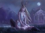  2019 5_fingers blonde_hair breasts clothed clothing detailed_background digital_media_(artwork) elf female fingers forest grass hair humanoid lying male male/female moon night not_furry on_back outside sky star starry_sky topless tree x-celebril-x 