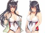  2girls :d alternate_costume alternate_hairstyle bare_shoulders black_hair blush breasts cleavage eyebrows_visible_through_hair fusou_(kantai_collection) hair_ornament hair_scrunchie highres kantai_collection large_breasts long_hair miyako_(00727aomiyako) multiple_girls one-piece_swimsuit open_mouth ponytail red_eyes scrunchie short_hair simple_background smile swimsuit white_background white_scrunchie yamashiro_(kantai_collection) 