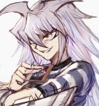  1boy bakura_ryou blue_shirt brown_eyes card commentary_request dark_necrofear evil_grin evil_smile grin highres holding holding_card long_hair open_mouth shirt simple_background sketch smile solo sookmo spiked_hair striped striped_shirt teeth white_background white_hair white_shirt yami_bakura yuu-gi-ou yuu-gi-ou_duel_monsters 
