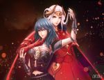  2girls blurry blurry_background byleth_(fire_emblem) byleth_(fire_emblem)_(female) cape castle dark_background dark_sky edelgard_von_hresvelg embers fire_emblem fire_emblem:_three_houses green_hair hand_on_another&#039;s_chin highres looking_at_viewer midriff multiple_girls navel oikvw parted_lips red_cape silver_hair smile tiara upper_body 