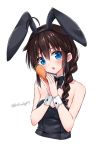  1girl :o ahoge animal_ears bare_shoulders blue_eyes blush braid brown_hair bunny_day bunny_ears bunny_girl carrot detached_sleeves fake_animal_ears food hair_between_eyes hair_flaps hair_over_shoulder holding holding_food hoshino_kagari kantai_collection looking_at_viewer shigure_(kantai_collection) simple_background solo twitter_username upper_body white_background wrist_cuffs 