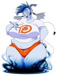  big_breasts blue_hair blue_skin breasts clothed clothing demon female fully_clothed hair half-closed_eyes hand_on_hip horn humanoid humanoid_pointy_ears inviting looking_at_viewer membrane_(anatomy) membranous_wings midriff muffin_top naamah navel overweight overweight_female patreon sharp_teeth shirt short_hair slb smile solo standing teeth thick_thighs topwear wide_hips wings 