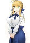  1girl :&lt; ahoge artoria_pendragon_(all) artoria_pendragon_(lancer) blonde_hair blouse blue_bow blue_neckwear blue_ribbon blue_skirt bow braid breasts collared_blouse cosplay excalibur fate/grand_order fate/stay_night fate_(series) green_eyes hair_bun hair_ribbon hand_on_hilt highres holding holding_sword holding_weapon kasuka_(kusuki) large_breasts long_sleeves neck_ribbon ribbon saber saber_(cosplay) sidelocks skirt solo sweatdrop sword weapon white_background white_blouse 