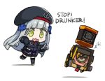  1girl 1other alcohol beret chasing dinergate_(girls_frontline) drunk english_text fork girls_frontline glass_bottle green_eyes hat hk416_(girls_frontline) jack_daniel&#039;s m16a1_(girls_frontline) one-eyed ran_system silver_hair 