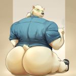  1:1 2019 anthro big_butt bottomless butt canon15 clothed clothing eyewear fur glasses huge_butt leib_(tas) looking_at_viewer male mammal overweight overweight_male polar_bear smoking solo thick_thighs tokyo_afterschool_summoners ursid ursine video_games white_fur 