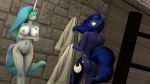  16:9 3d_(artwork) anthro big_breasts breasts butt clothed clothing digital_media_(artwork) duo equid female friendship_is_magic horn isisazza mammal my_little_pony princess_celestia_(mlp) princess_luna_(mlp) rear_view sibling sister sisters thong topless unicorn 