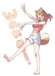  1girl :d animal_ear_fluff animal_ears bangs bare_arms bare_legs bare_shoulders barefoot breasts brown_camisole brown_hair camisole dog_ears dog_girl dog_tail eyebrows_visible_through_hair fang full_body green_eyes light_brown_hair long_hair looking_away medium_breasts midriff multicolored_hair navel open_mouth original outstretched_arms saiste short_shorts shorts simple_background smile soles solo standing standing_on_one_leg streaked_hair tail thick_eyebrows white_background white_hair white_shorts 