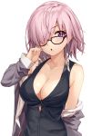  1girl bare_shoulders black_dress blush breasts cleavage collarbone dress fate/grand_order fate_(series) glasses grey_jacket hair_over_one_eye jacket large_breasts lavender_hair looking_at_viewer mash_kyrielight off_shoulder open_clothes open_jacket open_mouth purple_eyes short_hair shunichi simple_background solo white_background 