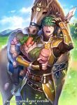  1boy aqua_hair armor belt blush carrot fingerless_gloves fire_emblem fire_emblem:_the_blazing_blade fire_emblem_cipher food freckles gloves grass highres horse leaf lowen_(fire_emblem) male_focus official_art open_mouth polearm potato sky solo sparkle spear teeth weapon 