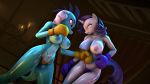  16:9 3d_(artwork) 4k absurd_res anthro big_breasts breasts clothed clothing digital_media_(artwork) dragon equid female fight friendship_is_magic hi_res horn isisazza mammal my_little_pony princess_ember_(mlp) rarity_(mlp) topless unicorn 