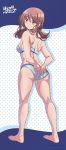  1girl absurdres arms_behind_back artist_request ass back bangs bare_legs bikini blue_bikini blush breasts brown_eyes brown_hair closed_mouth eyebrows_visible_through_hair feet harukana_receive highres legs looking_at_viewer looking_back medium_breasts medium_hair official_art oozora_haruka_(harukana_receive) pointing pointing_down polka_dot polka_dot_background sideboob simple_background smile solo standing swimsuit twintails 