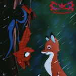  1:1 2019 canid canine detailed_background digital_media_(artwork) disney duo female feral forest fox fox_and_the_hound fur hi_res knightmoonlight98 male male/female mammal marvel night open_mouth outside parody raining smile spider-man_(character) spider-man_(series) tod tree upside_down vixey web_(disambiguation) 