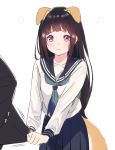  1boy 1girl :i animal_ears bangs black_jacket blue_neckwear blue_sailor_collar blue_skirt brown_hair chitanda_eru closed_mouth collarbone dog_ears dog_girl dog_tail eyebrows_visible_through_hair highres hyouka jacket jacket_tug kemonomimi_mode long_hair long_sleeves mery_(apfl0515) neckerchief oreki_houtarou pleated_skirt purple_eyes sailor_collar school_uniform serafuku shirt simple_background skirt solo_focus tail very_long_hair wavy_mouth white_background white_shirt 