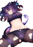  1girl absurdres animal_ears aqua_eyes arm_behind_back arm_support bare_shoulders big_hair breasts brown_legwear butt_crack cerberus_(kemono_friends) collar cutoffs deku_suke dog_ears dutch_angle fang fingernails foreshortening glowing glowing_hair hair_between_eyes half-closed_eyes hand_on_own_chest hand_up head_tilt highres kemono_friends leaning_back legwear_under_shorts looking_at_viewer midriff multicolored_hair navel neck_ribbon open_clothes open_fly open_mouth open_shorts pantyhose purple_hair purple_neckwear red_hair ribbon scar scar_across_eye sharp_fingernails short_shorts shorts simple_background sitting solo spiked_collar spikes spread_legs stomach strapless tail thigh_strap torn_clothes torn_legwear tubetop twintails unbuttoned white_background 