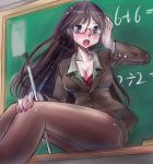  black-framed_eyewear black_hair black_legwear bra bra_slip breasts chalkboard cleavage formal glasses highres kentap kirigakure_saiko large_breasts long_hair original pantyhose purple_eyes red_bra sitting suit teacher underwear 