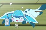  :3 alcohol blush bottle bubble chromatic_aberration closed_eyes cup drink drinking_glass drooling drunk english_text food fruit full_body gen_4_pokemon glaceon happy highres ice ice_cube kemoribon lime_(fruit) lime_slice lying no_humans on_stomach open_mouth paws pokemon pokemon_(creature) saliva smile solo 