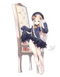  1girl abigail_williams_(fate/grand_order) arm_up armchair bangs black_bow black_dress black_headwear blonde_hair blue_eyes blush bow bug butterfly chair character_name closed_mouth commentary_request dress dress_lift eyebrows_visible_through_hair fate/grand_order fate_(series) forehead frilled_legwear groin hair_bow hat highres insect lifted_by_self long_hair long_sleeves no_shoes north+ object_hug orange_bow parted_bangs polka_dot polka_dot_bow simple_background sleeves_past_fingers sleeves_past_wrists socks solo stuffed_animal stuffed_toy teddy_bear toe_socks very_long_hair white_background white_legwear 