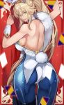  1girl 55level absurdres animal_ears arm_up artoria_pendragon_(all) artoria_pendragon_(swimsuit_ruler)_(fate) bare_shoulders bareback blonde_hair blue_legwear braid breasts bunny_ears bunny_tail card eyebrows_visible_through_hair fate/grand_order fate_(series) feather_boa fishnets green_eyes hair_between_eyes highres looking_at_viewer looking_back playing_card ponytail sideboob sidelocks solo tail wrist_cuffs 