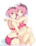  2girls absurdres ahoge arched_back arm_on_shoulder armpits artist_name ass back bangs bare_shoulders blue_hair blush bra breast_press breasts butt_crack clone closed_mouth collarbone dual_persona eye_contact floral_print foreshortening hair_intakes hand_on_another&#039;s_head hand_on_another&#039;s_thigh hand_on_another&#039;s_waist highres idolmaster idolmaster_cinderella_girls knee_up large_breasts looking_at_another multicolored_hair multiple_girls nail_polish navel panties pill_earrings pink_bra pink_eyes pink_hair pink_nails pink_panties selfcest shiny shiny_hair short_hair side-tie_panties sidelocks simple_background sitting sitting_on_lap sitting_on_person smile sweat symmetrical_docking tareme thighs toh_les two-tone_hair underwear underwear_only watermark white_background yumemi_riamu yuri 
