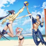  1boy 2girls arm_up armpits asymmetrical_sleeves beach beach_volleyball bikini_skirt black_hair black_skirt blue_bikini_bottom blue_eyes blue_hair blue_pants blue_sleeves bracelet breasts brown_eyes cleavage collarbone day detached_sleeves diadem fate/grand_order fate_(series) floating_hair hair_ribbon jewelry lancer long_hair long_sleeves looking_up medb_(fate)_(all) medb_(swimsuit_saber)_(fate) medium_breasts microskirt multiple_girls navel necklace outdoors pants pink_hair pleated_skirt ponytail red_eyes ribbon shiny shiny_hair skirt suikatabetaifrom sweater twintails ushiwakamaru_(fate/grand_order) ushiwakamaru_(swimsuit_assassin)_(fate) very_long_hair yellow_ribbon yellow_sweater 