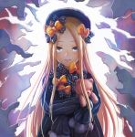  1girl abigail_williams_(fate/grand_order) bangs black_bow black_dress black_headwear blonde_hair blue_eyes bow closed_mouth dress fate/grand_order fate_(series) hair_bow hat holding holding_stuffed_animal long_hair looking_at_viewer multiple_hair_bows orange_bow parted_bangs polka_dot polka_dot_bow sleeves_past_fingers sleeves_past_wrists smile solo standing stuffed_animal stuffed_toy suikatabetaifrom teddy_bear very_long_hair 