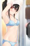  1girl armpits arms_up bangs bare_shoulders black_hair blue_bra blue_panties blurry blurry_background blush bow bow_bra bow_panties bra breasts brown_eyes collarbone depth_of_field eyebrows_visible_through_hair hair_between_eyes highres long_hair minamura_haruki navel original panties parted_lips small_breasts solo twintails underwear underwear_only undressing 