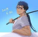  1boy blue_background blue_hair closed_mouth dated earrings fate/hollow_ataraxia fate_(series) fishing_rod hair_between_eyes holding_rod jewelry lancer long_hair looking_at_viewer low_ponytail male_focus ponytail red_eyes shirt short_sleeves smile solo suikatabetaifrom white_shirt 