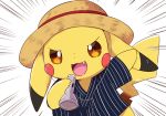  :3 arm_up blue_shirt blush_stickers brown_headwear clothed_pokemon emphasis_lines fang gen_1_pokemon hand_up happy hat holding japanese_clothes kemoribon looking_at_viewer no_humans open_mouth orange_eyes pikachu pokemon pokemon_(creature) shirt short_sleeves simple_background smile solo standing straw_hat striped striped_shirt upper_body white_background 