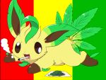  :3 brown_sclera chromatic_aberration cigarette drooling full_body gen_4_pokemon happy highres kemoribon leafeon lying marijuana mouth_hold multiple_tails no_humans on_stomach open_mouth paper paws pokemon pokemon_(creature) rastafarian_flag saliva simple_background smile smoke smoking solo tail white_eyes 