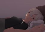  1girl bed black_shirt breasts commentary_request dark_skin grey_eyes grey_hair hair_between_eyes highres looking_at_viewer lying morning on_back on_bed pokemon pokemon_(game) pokemon_swsh putchers saitou_(pokemon) shirt small_breasts solo t-shirt 