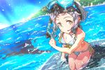  1girl bikini blue_sky breasts commentary_request goggles goggles_on_head guriko_(mossari) idolmaster idolmaster_million_live! looking_at_viewer makabe_mizuki ocean pointing purple_hair short_hair side-tie_bikini sky small_breasts snorkel solo sparkling_eyes swimsuit water wet yellow_eyes 