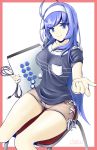  1girl ahoge arcade_stick bangs beckoning blue_eyes blue_hair breast_pocket breasts casual chaesu chair controller eyebrows_visible_through_hair game_controller hairband huge_ahoge joystick long_hair looking_at_viewer medium_breasts orie_(under_night_in-birth) pocket shirt shorts sitting smirk solo swept_bangs t-shirt under_night_in-birth white_hairband 