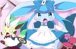  ace alice_(wonderland) alice_(wonderland)_(cosplay) alice_in_wonderland apron arms_up bloomers blue_bow blue_dress blue_vest blush bow bowtie card chair chromatic_aberration clothed_pokemon cosplay dress fang frilled_dress frills gen_4_pokemon giant glaceon hair_bow hairband hands_up heart indoors kemoribon leafeon no_humans o_o open_mouth pawpads paws playing_card pokemon pokemon_(creature) red_neckwear ribbon running scared short_sleeves sitting surprised tea teapot tears underwear vest watch white_dress white_hairband white_rabbit white_rabbit_(cosplay) white_ribbon 