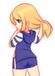  1girl ass blonde_hair digimon digimon_frontier green_eyes long_hair looking_at_viewer orimoto_izumi shirt simple_background skirt solo striped striped_shirt white_background 
