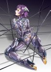  1girl ballet_boots bdsm bodysuit bound bound_arms commentary_request cybernetic_parts exoskeleton full_body grey_background headgear highres impossible_bodysuit impossible_clothes looking_at_viewer looking_back mecha_musume mechanical_backbone open_mouth original purple_hair rebar red_eyes restrained shiny shiny_clothes short_hair skin_tight skindentation solo string upper_teeth yin_gren 