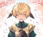  1girl blonde_hair blush cherry_blossoms closed_eyes fate/grand_order fate_(series) gareth_(fate/grand_order) gloves hair_flaps hands_together nagu petals portrait short_hair smile 