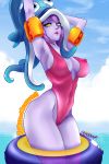  1girl bikini breasts hat highres large_breasts league_of_legends looking_at_viewer lord_dominik lulu_(league_of_legends) pool pool_party_lulu purple_hair purple_skin smile squid_hat swimsuit water yellow_eyes yordle 