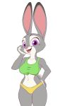  anthro breasts buckteeth clothed clothing dipstick_ears disney female fur grey_fur hand_on_hip hi_res judy_hopps lagomorph leporid looking_at_viewer mammal multicolored_ears multicolored_fur navel open_mouth open_smile portrait purple_eyes rabbit simple_background skeleito smile solo standing teeth thick_thighs three-quarter_portrait two_tone_fur underwear white_background zootopia 